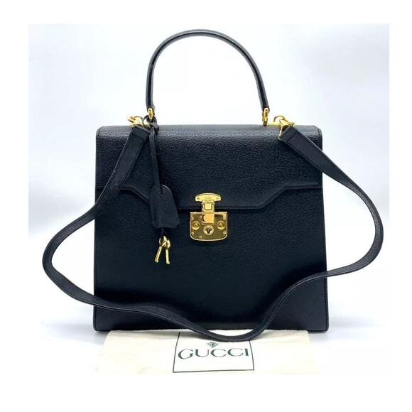 Gucci Vintage Leather Black Antique Gold Hardware 2Way Bag W/Dust bag - Picture 1 of 16